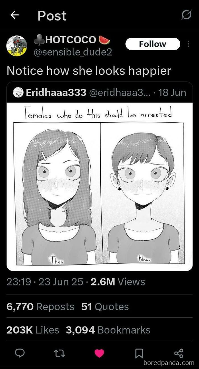 Cartoon illustration showing a woman changing hairstyle over time, related to toxic men that made women sick.