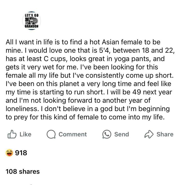 Screenshot of a toxic man’s detailed and inappropriate online post reflecting harmful behavior toward women.