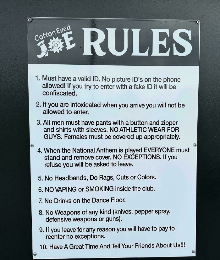 Rules sign at Cotton Eyed Joe listing dress code and behavior guidelines related to toxic men and women safety concerns.