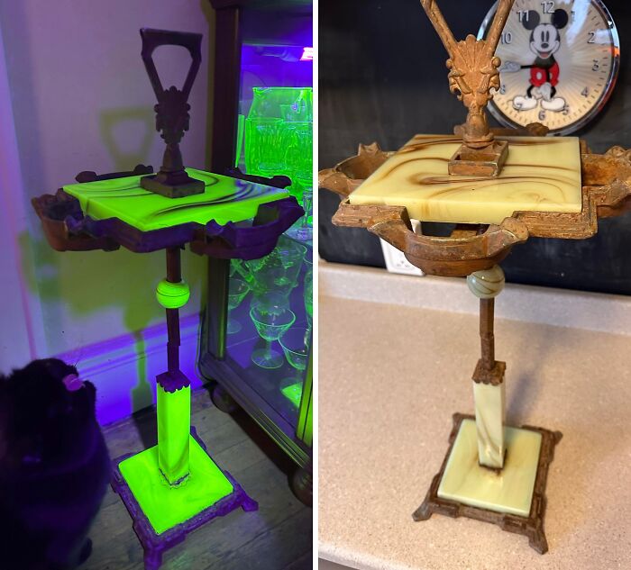 Vintage decorative glass item with metal frame glowing under UV light and original condition on a kitchen counter.