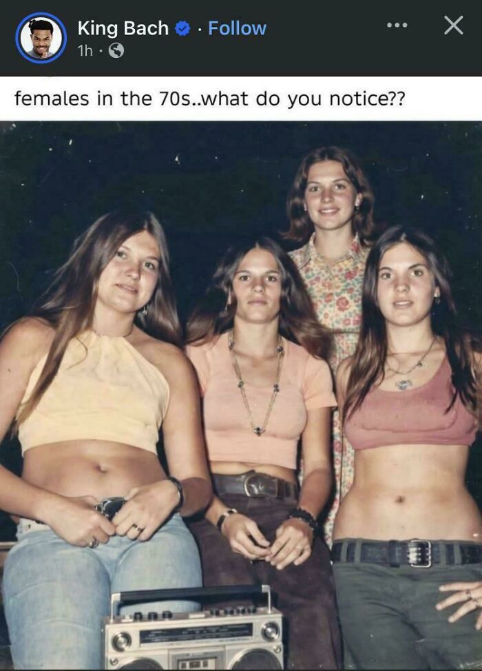 Four women from the 70s wearing casual tops and jeans, representing vintage style and reflecting toxic men impact on women.