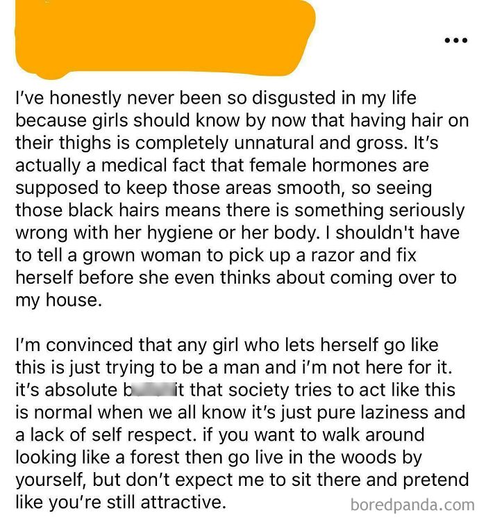 Screenshot of a toxic man’s written rant criticizing women’s body hair and hygiene, illustrating toxic men behavior.