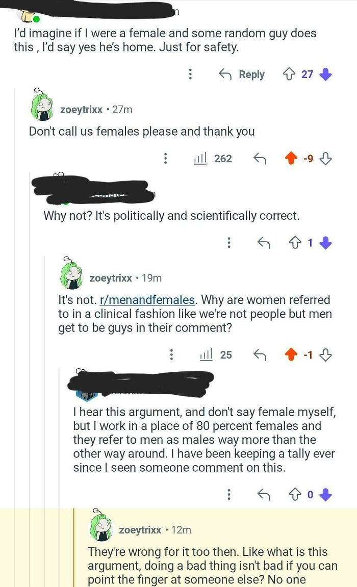Reddit conversation highlighting toxic men's language and women’s responses about being labeled as females online.