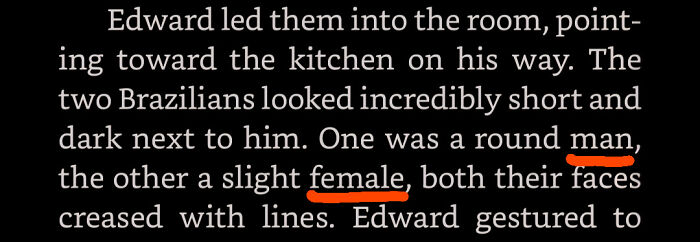 Text excerpt showing a description of two Brazilians, including a round man and a slight female with creased faces.
