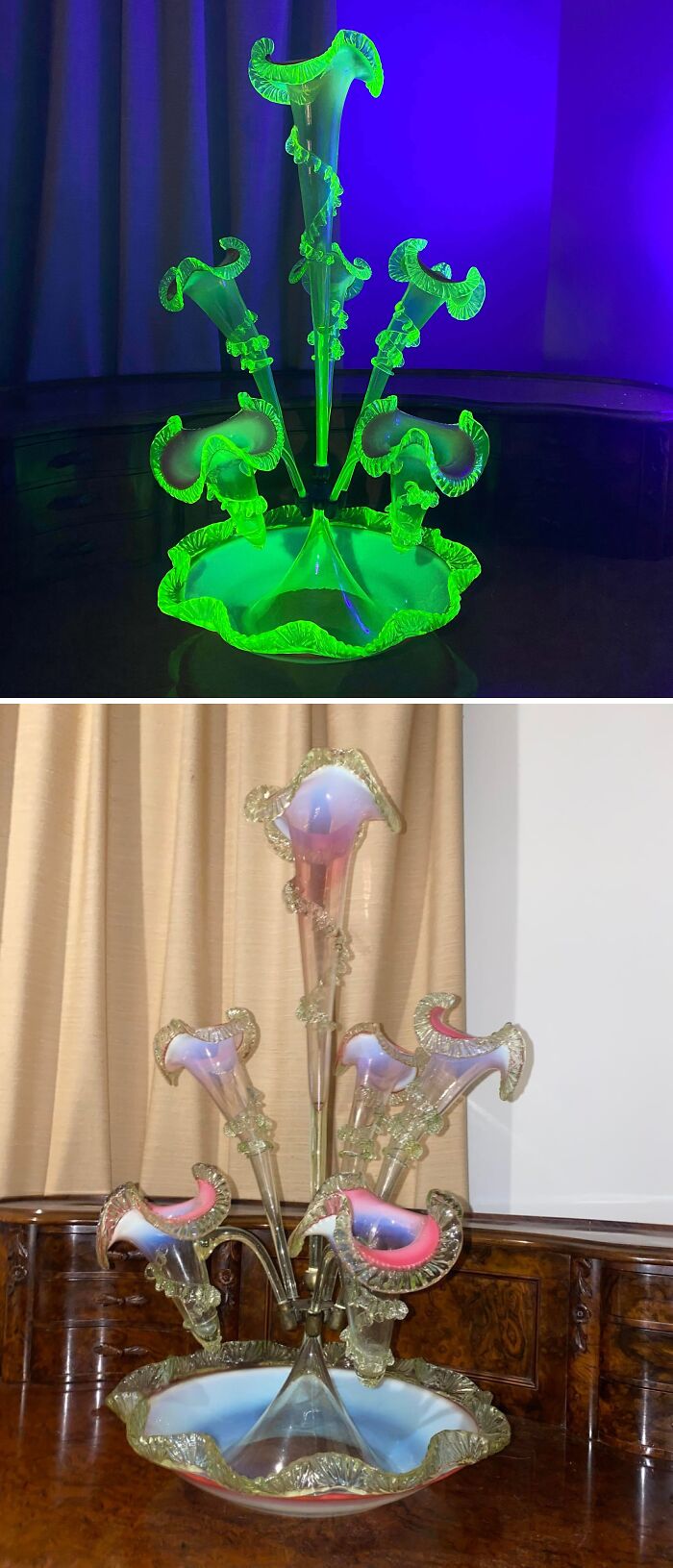 Creative glass centerpiece with trumpet-shaped flowers glowing green under blacklight, a unique glass item for home decor.