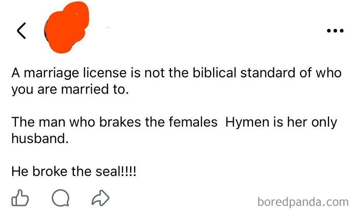 Screenshot of toxic male comment discussing marriage license and hymen as a harmful belief in toxic men that made women sick.