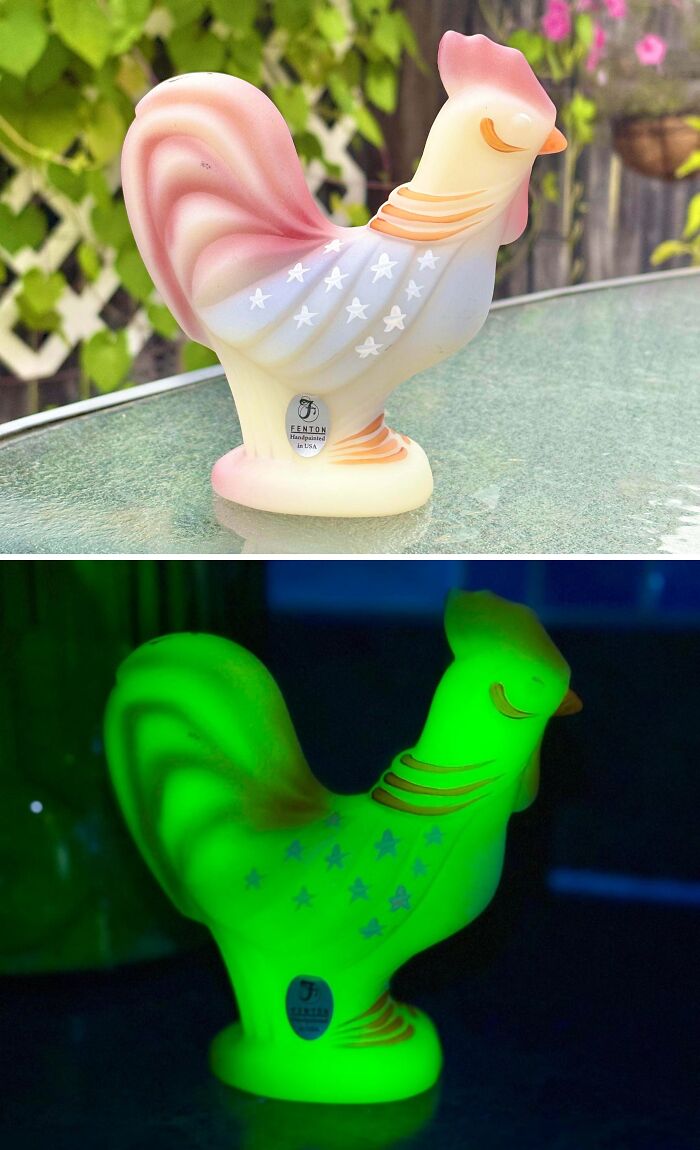 Glass rooster figurine with patriotic stars glowing bright green in the dark, a creative glass item for home decor.