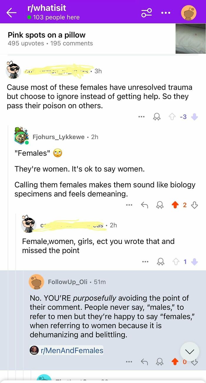 Reddit thread discussing toxic men and the impact of language on women in a r/whatisit community conversation.