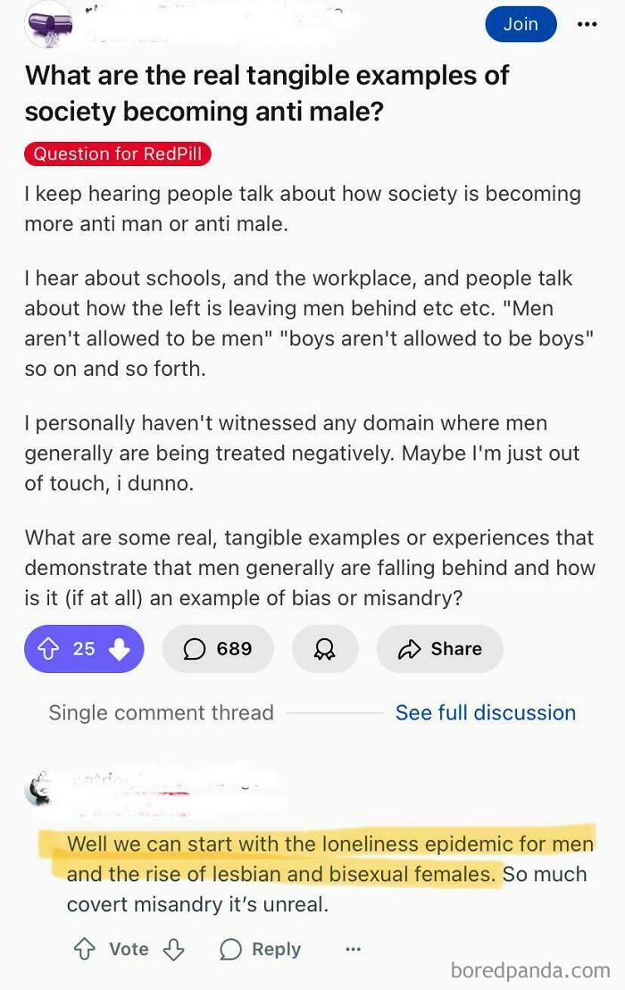 Reddit discussion on toxic men, loneliness epidemic for men, and impacts on women including bisexual and lesbian issues.