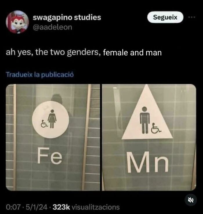 Screenshot of a social media post humorously comparing female and male restroom signs using toxic men and women keywords.
