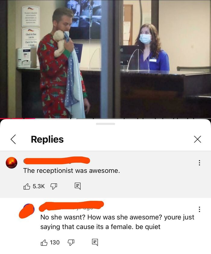 Man in festive pajamas holding a stuffed animal facing masked receptionist, highlighting toxic men and women's experiences.