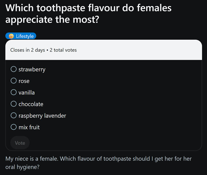 Poll asking which toothpaste flavour females appreciate most, with options like strawberry, rose, vanilla, and chocolate.