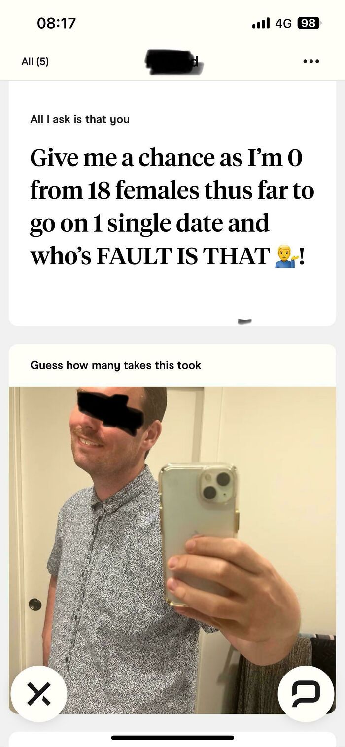 Screenshot of a man’s toxic dating message asking for a chance after rejection from 18 females.