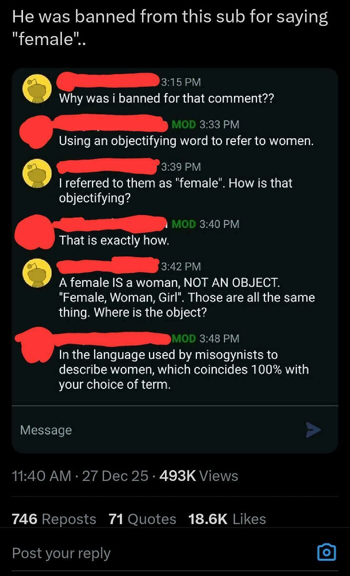 Screenshot of a chat discussing the objectifying use of the word female and toxic men behavior toward women.