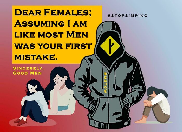 Illustration showing toxic men and upset women with text addressing assumptions about men, highlighting toxic men that made women sick.