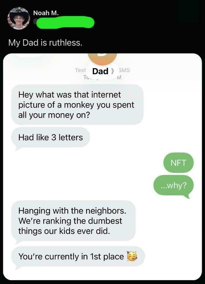 Text message exchange showing a hilarious parent-kid conversation about buying an NFT, highlighting humor in family chats.