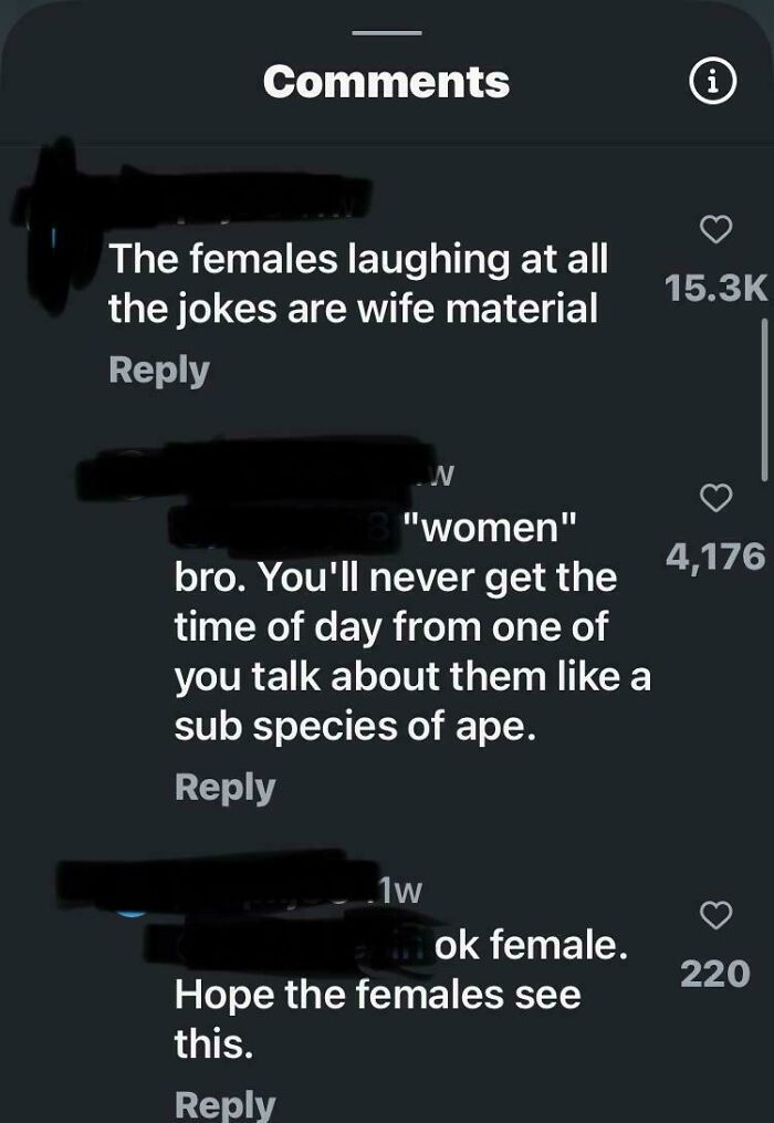 Screenshot of toxic men comments online displaying misogynistic and disrespectful remarks about women.