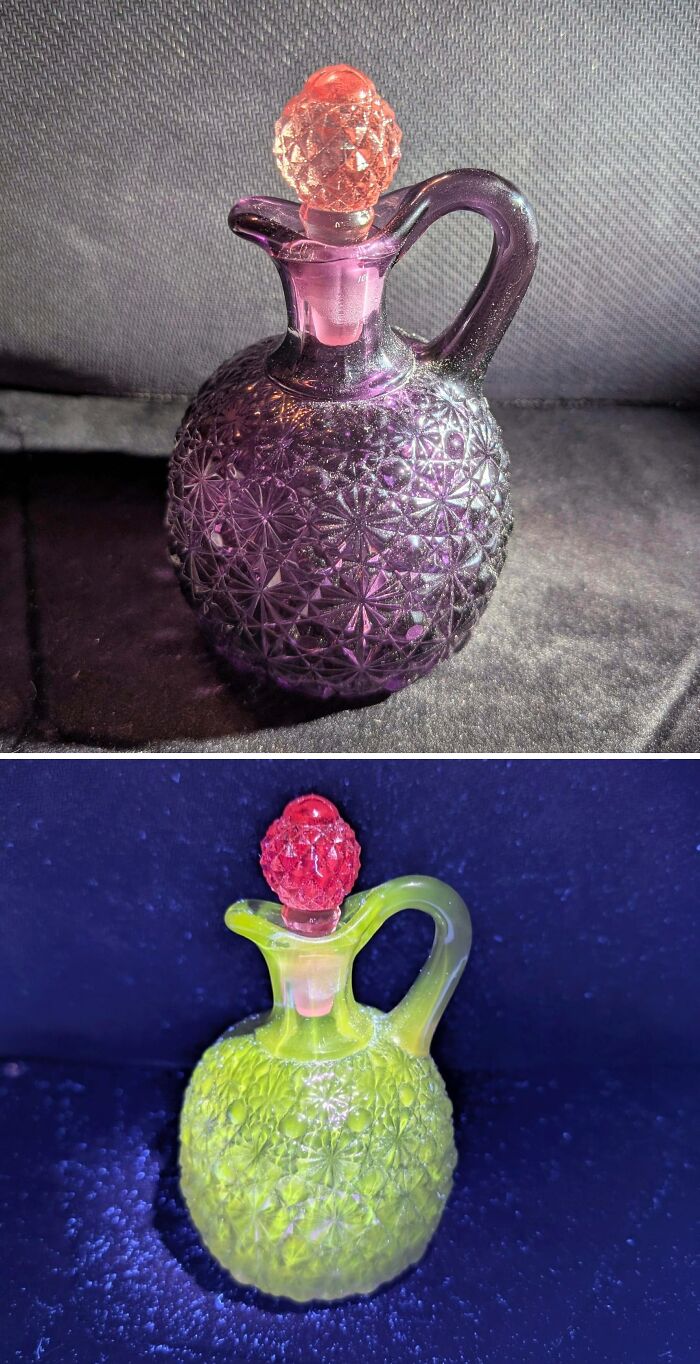 Two creative glass items with intricate patterns, one purple and one glowing yellow, each with a red stopper.
