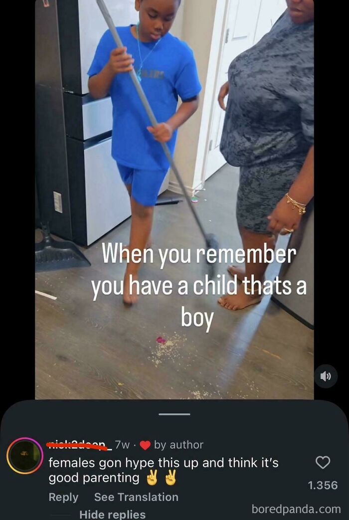 Boy mopping floor while woman looks on, highlighting toxic men and harmful behavior affecting women.