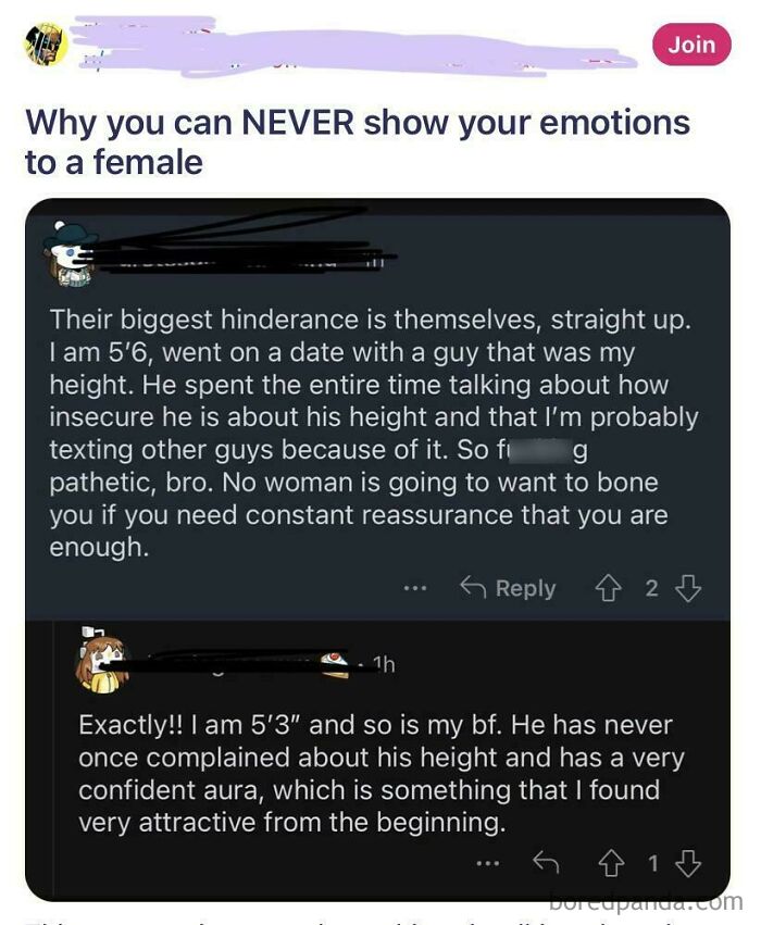 Screenshot of toxic men behaviors discussed in an online conversation about insecurity and emotions affecting women’s well-being.