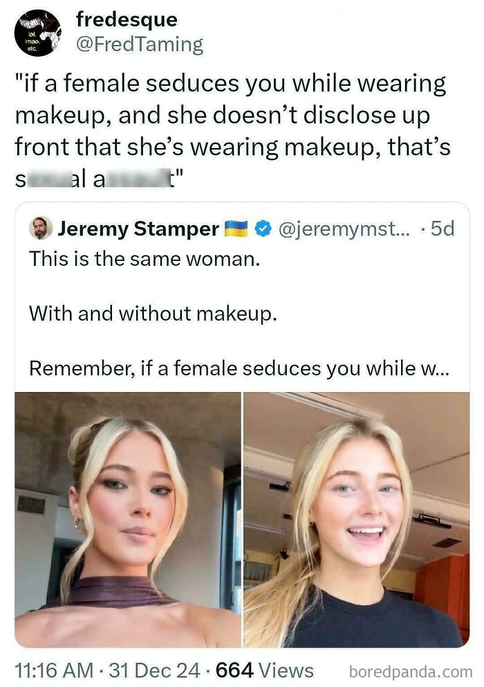 Tweet discussing toxic men accusing women of seduction while showing side-by-side images of the same woman with and without makeup.