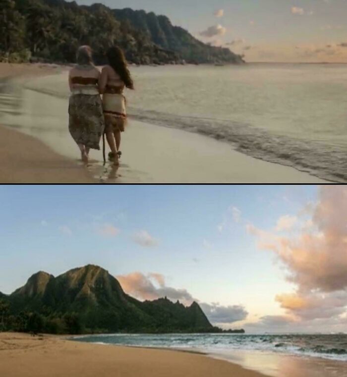 Hilarious movie details: Two scenes of a beach with mountains, one with two people walking.
