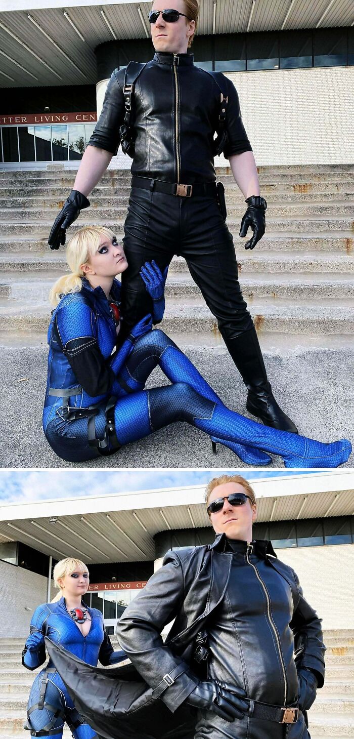 Two people in creative cosplay poses, one in black leather and the other in a blue textured suit, showcasing hilarious poses.