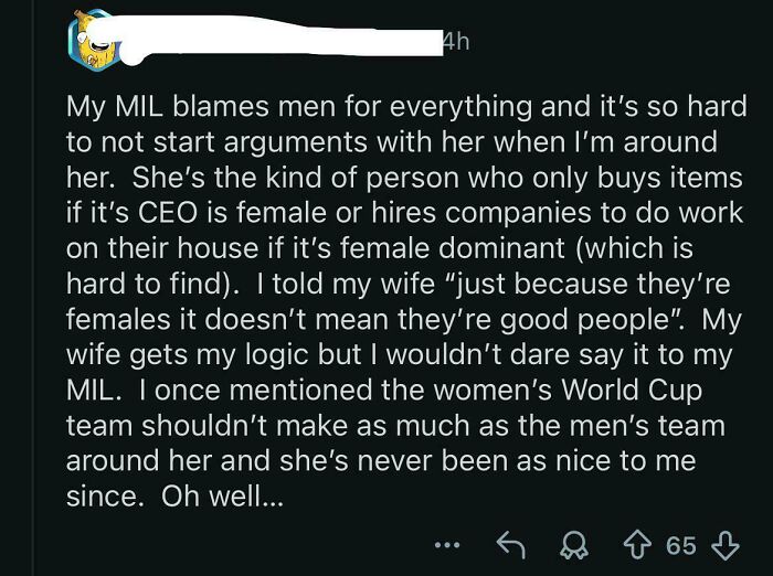 Screenshot of a social media post discussing toxic men and gender bias causing conflicts in family relationships.