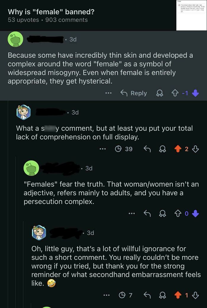 Screenshot of online discussion about banning the word female, highlighting toxic men and misogyny in comments.
