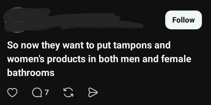 Alt text: Social media post discussing tampons and women's products in men and female bathrooms related to toxic men topic.