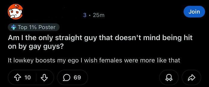 Screenshot of a toxic men comment on Reddit discussing ego and attraction toward gay guys.