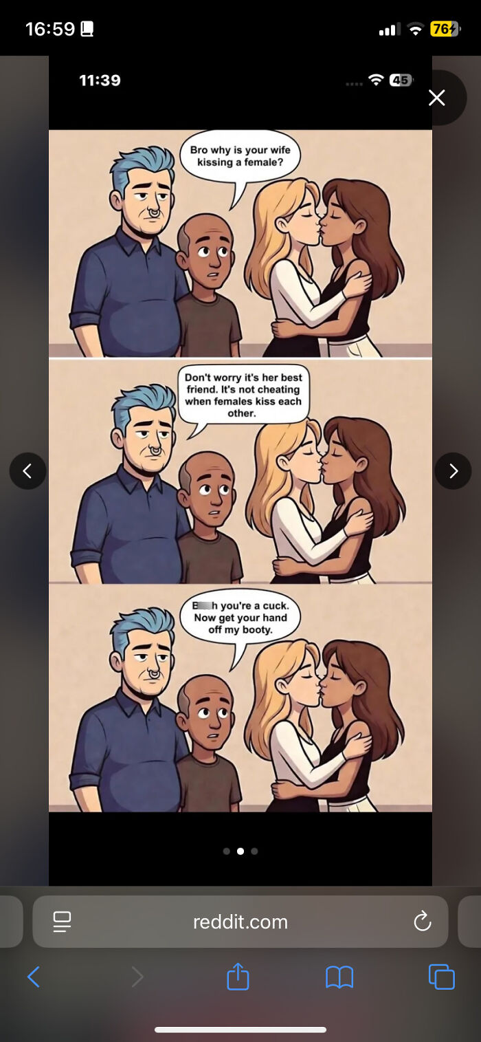 Cartoon showing toxic men blaming women and controlling behavior while two women kiss, highlighting toxic men effects.
