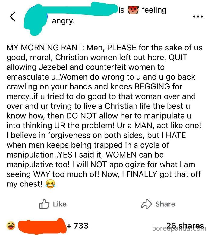 Social media rant discussing toxic men and manipulative behavior impacting relationships with women.