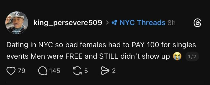 Screenshot of a social media post discussing toxic men and unfair dating practices that frustrate women in NYC.