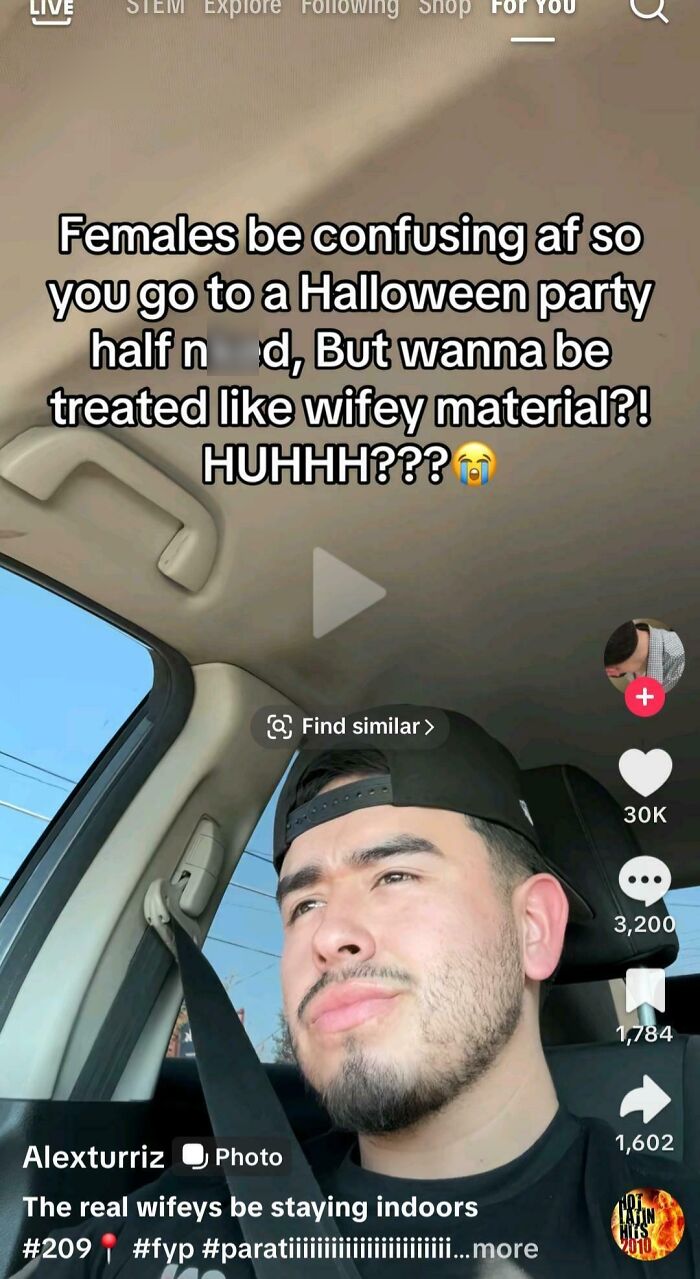 Young man in a car expressing toxic men viewpoints about women and relationships in a social media post.