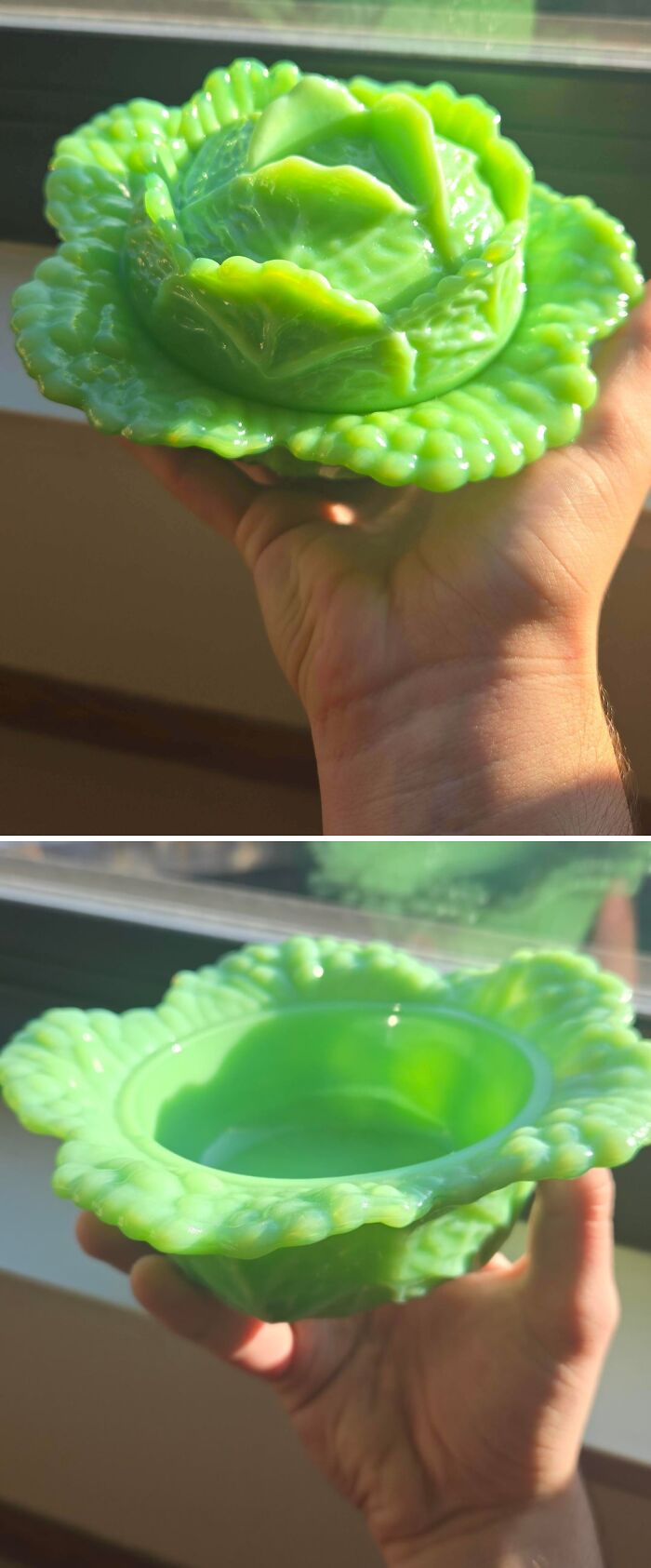 Hand holding a cool and creative green glass item shaped like a cabbage, perfect for home decor.