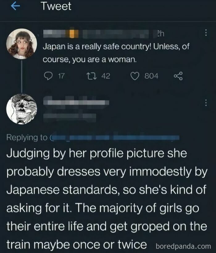 Tweet showing toxic men comments about women’s safety and immodesty in Japan, highlighting toxic men that made women sick