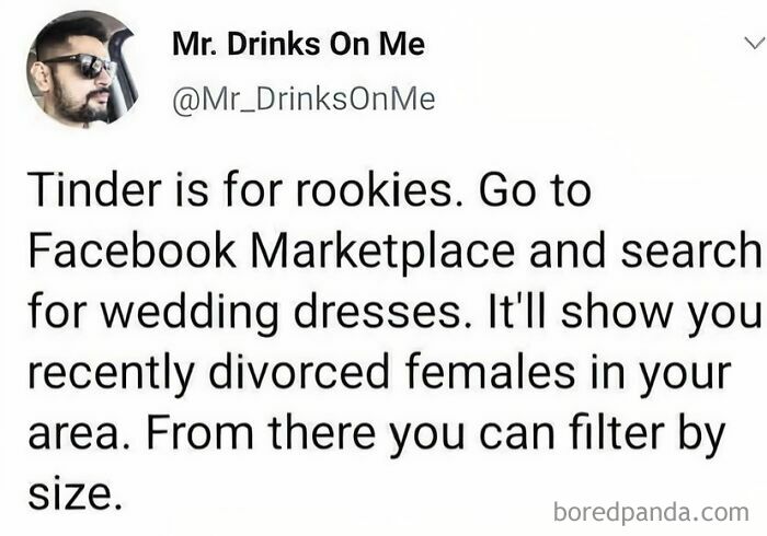 Screenshot of a toxic man's tweet suggesting using Facebook Marketplace to find recently divorced women, illustrating toxic behavior.