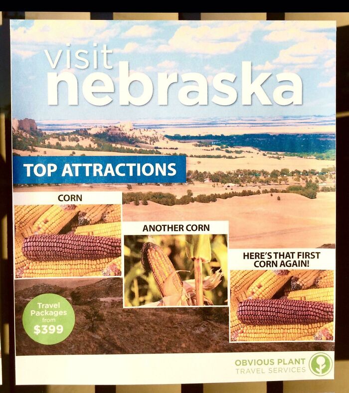 Visit Nebraska poster showcasing top attractions with multiple images of corn, highlighting the essence of Nebraska agriculture and travel.