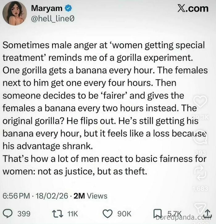 Tweet discussing male anger and fairness related to toxic men and how they react to women receiving equal treatment.