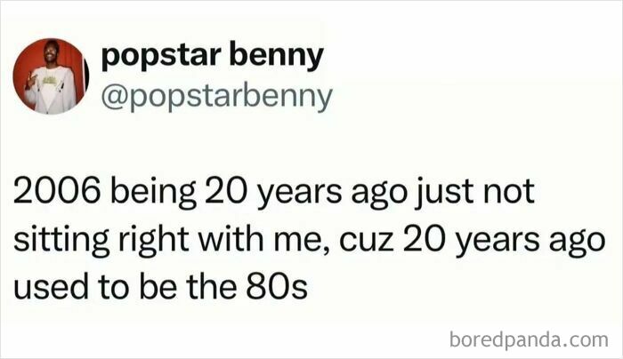 Screenshot of a nostalgic social media post reflecting on how 2006 being 20 years ago challenges millennials’ childhood memories.