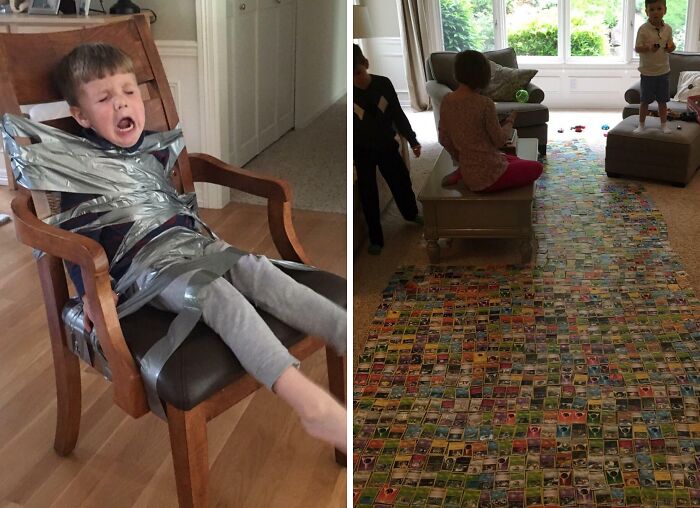 Child taped to chair by sibling and kids sitting around a large floor covered with trading cards depicting sibling rivalry moments.