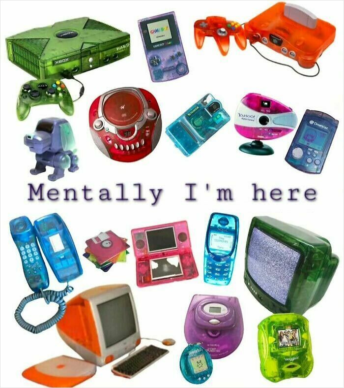 Collection of nostalgic childhood gadgets and devices from the 90s and early 2000s that transport millennials back in time.