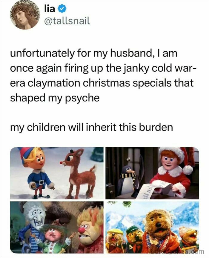 Tweet about watching Cold War-era claymation Christmas specials, featuring vintage stop-motion characters nostalgic for millennials.