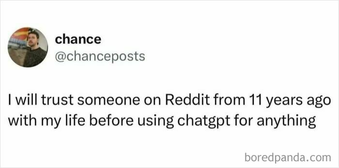 Reddit post reflecting millennial nostalgia and trust in old online communities over modern AI tools.