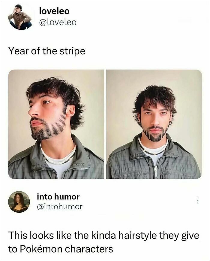 Man with striped beard hairstyle in two side-by-side photos showcasing hilarious memes and relatable humor.