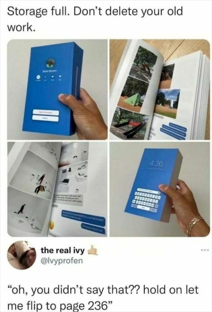 Hand holding a book designed like a phone showing text message screenshots, illustrating hilarious and relatable memes.