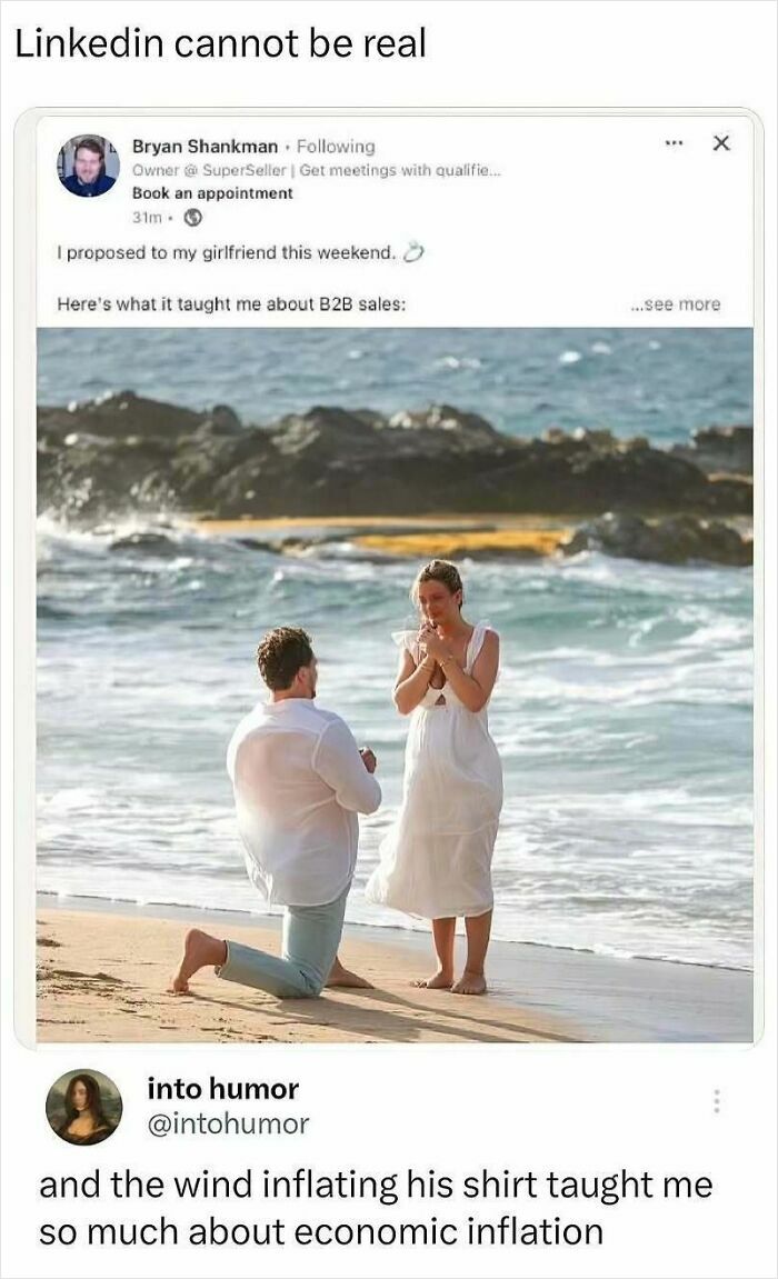 Man proposing on the beach with wind inflating his shirt, shared as part of hilarious memes relatable for many.