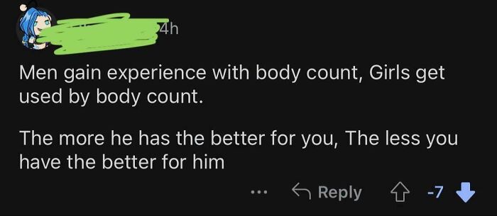 Screenshot of a toxic online comment about gender and body count, illustrating toxic men behavior discussed in the article.