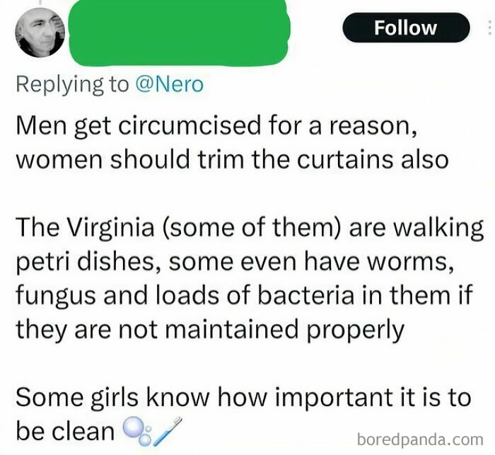 Screenshot of toxic men’s comment on women’s hygiene, highlighting harmful ideas from toxic men that made women sick.